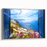 Vintage poster art of an architectural window design in black and colorful hues on a framed canvas.