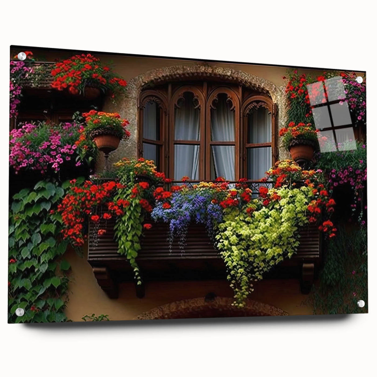 Large abstract wall art on acrylic glass depicting geometric window designs in neutral tones.