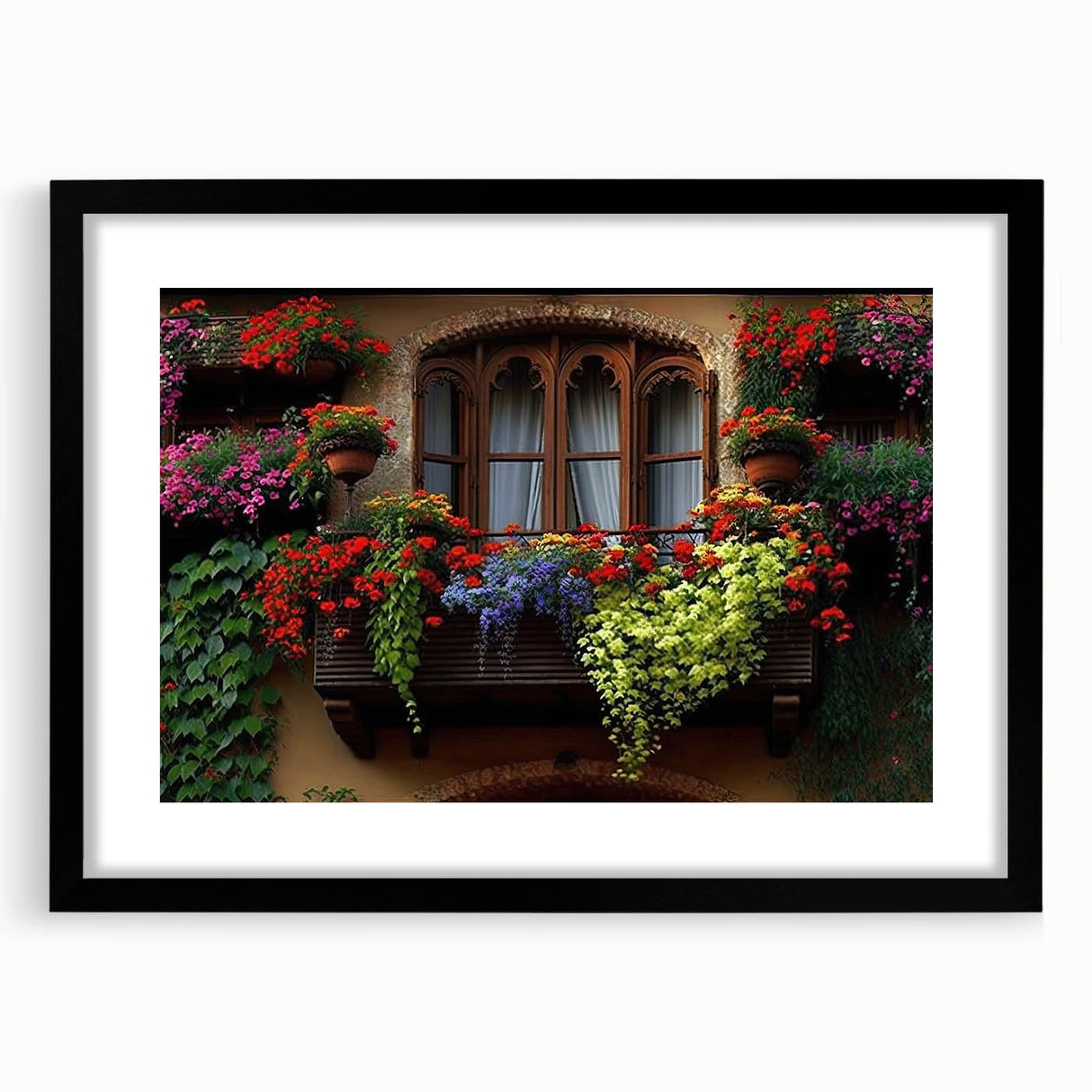 Extra large abstract art print featuring a colorful, textured window design on a black framed canvas.
