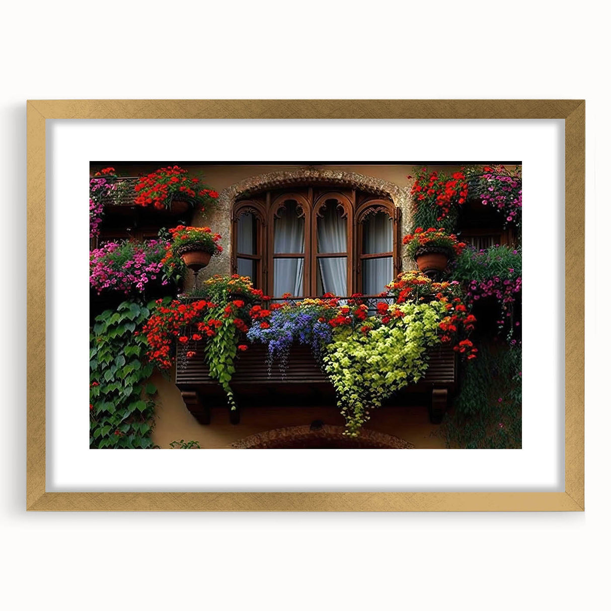Textured abstract art print featuring a series of multicolored geometric shapes, framed in gold, ideal for bedroom decor.