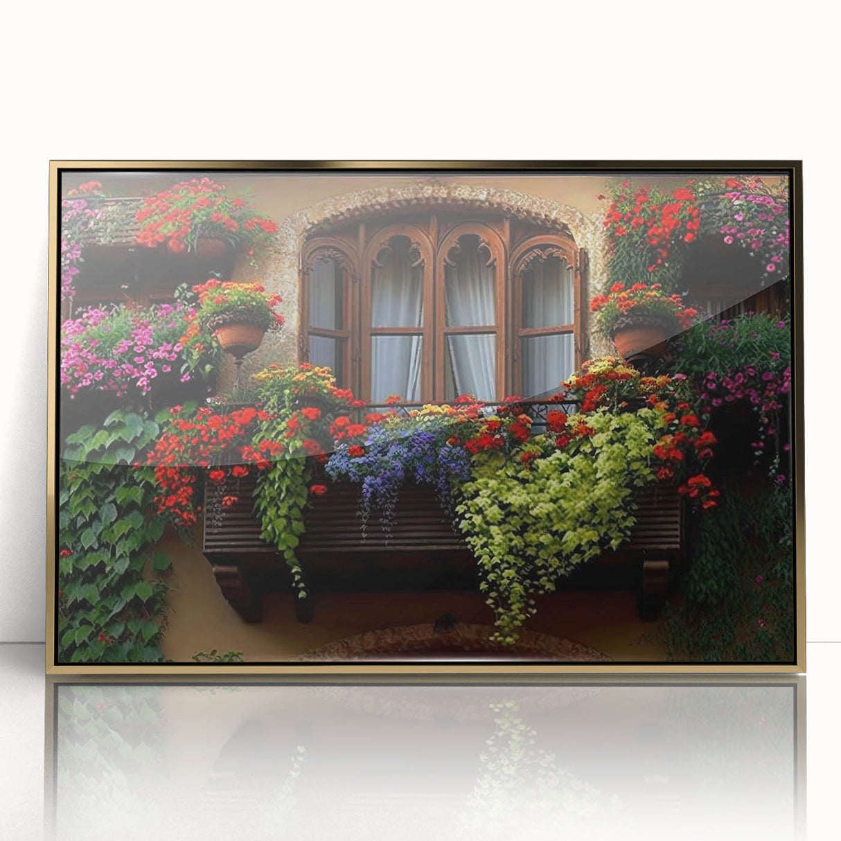Mid-century modernist art featuring an architectural window design in gold tones on a framed acrylic.