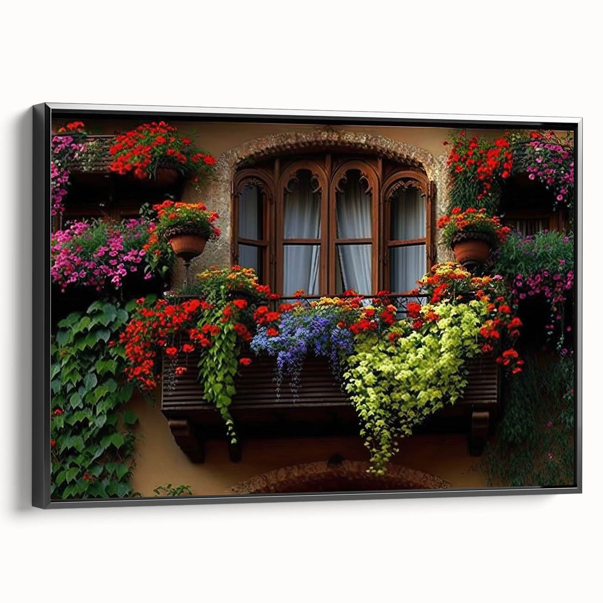 Black and white landscape art painting on framed canvas, featuring a vintage poster-style window design.