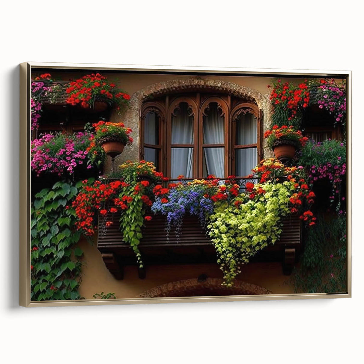 Landscape art painting featuring a vintage window design on a black framed canvas with colorful accents.