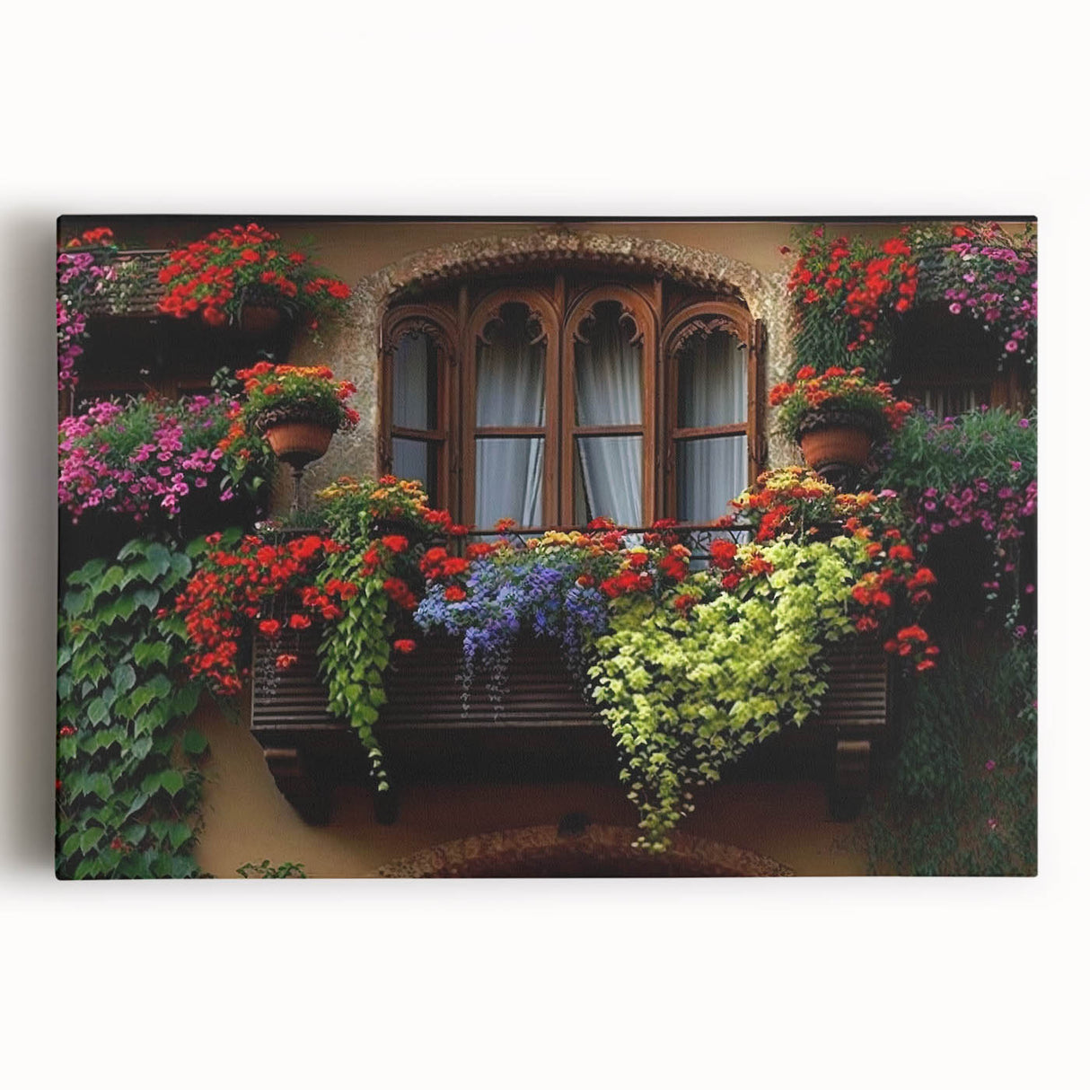 Black and white photograph of architectural windows on stretched canvas, ideal for kitchen wall art.