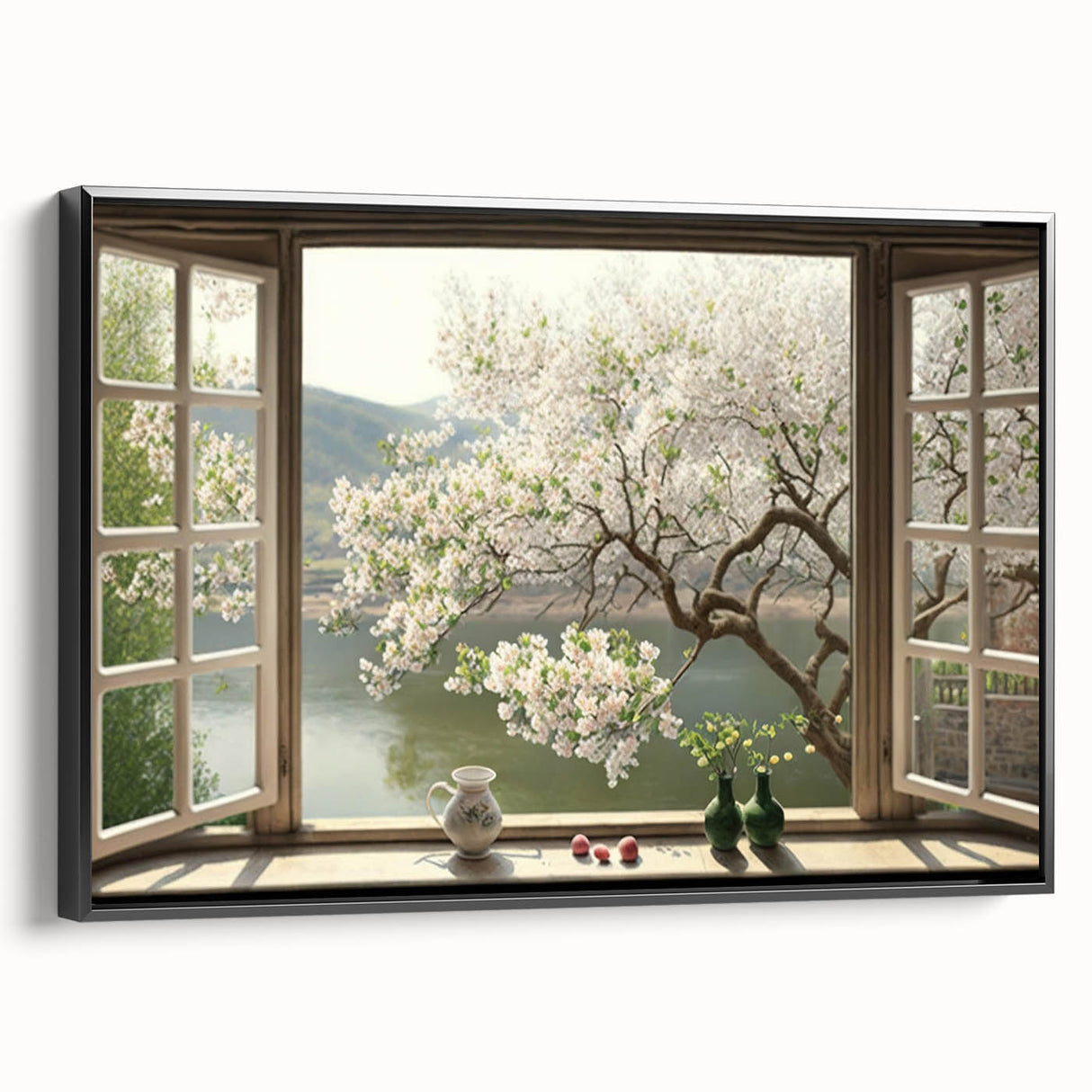Black and white framed canvas featuring a vintage poster art style landscape, suitable for bedroom decor.