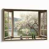 Framed canvas featuring a vintage-style landscape art painting with colorful buildings and black accents.