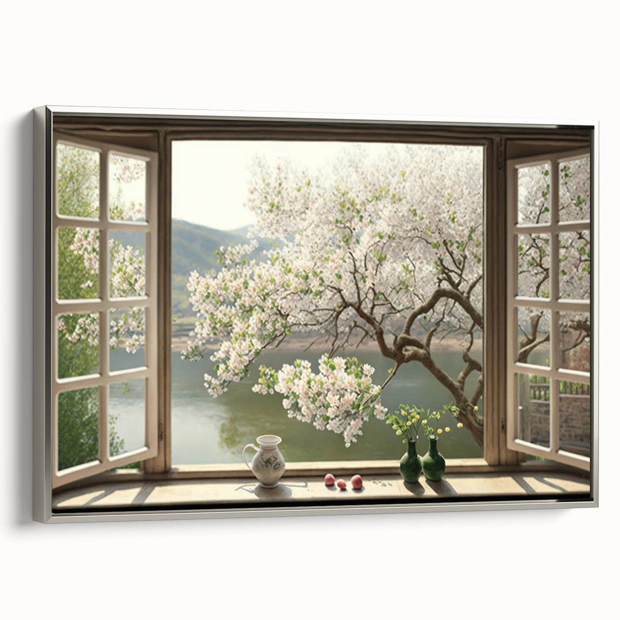 Vintage poster art of colorful architecture and window design on extra large, silver-framed canvas.