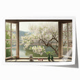 Rolled print of a large floral design in muted tones on a window-style frame, ideal for dining room wall art.