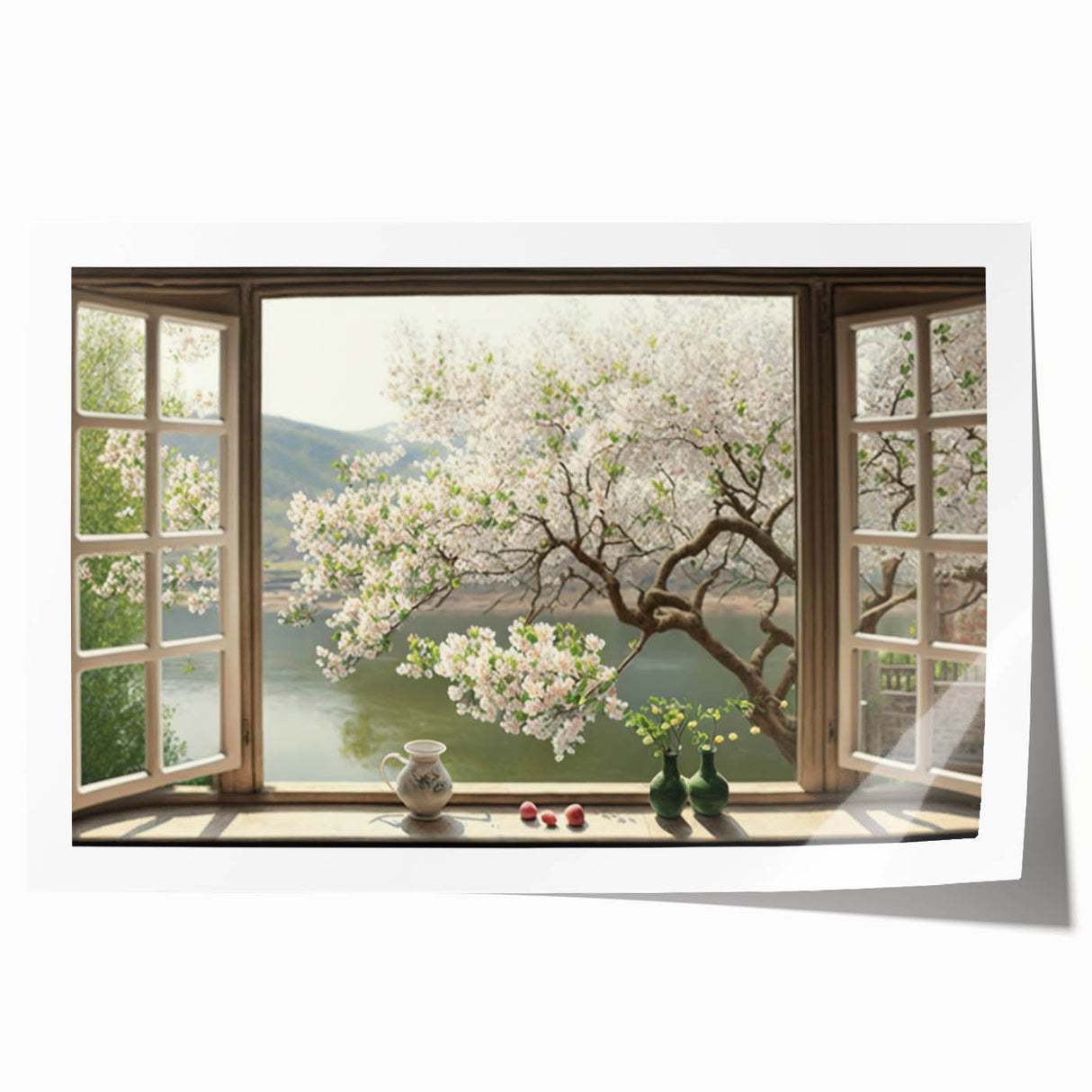 Rolled print of a large floral design in muted tones on a window-style frame, ideal for dining room wall art.