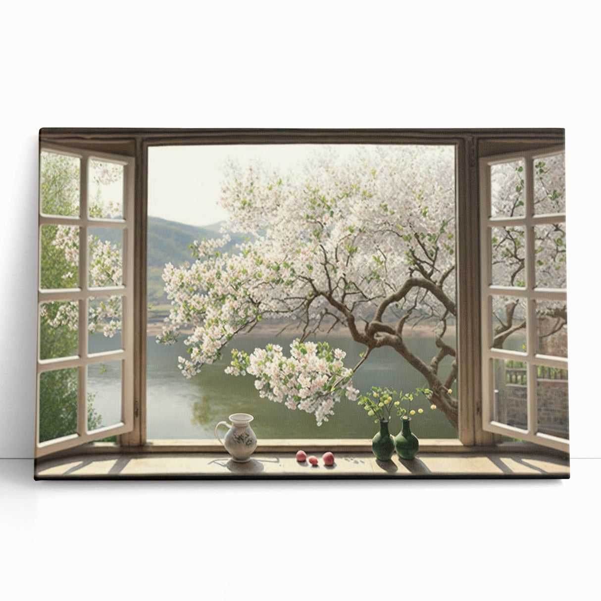 Black and white photo of large architectural windows on stretched canvas, ideal for kitchen wall art or bedroom.