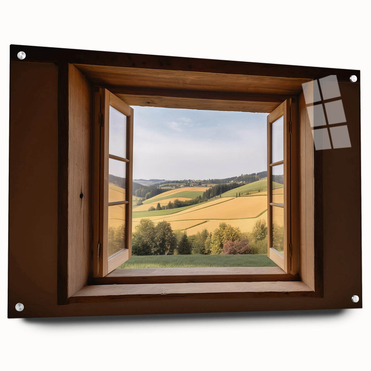 Large abstract wall art on acrylic glass depicting a geometric window design in muted gray.