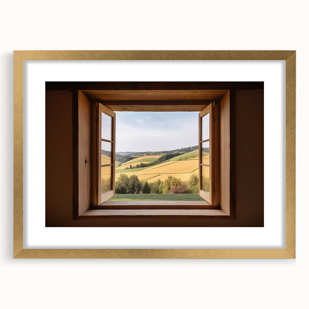 Textured art of an abstract window design in gold and white, framed with mat, ideal for bedroom wall decor.