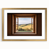 Textured art of an abstract window design in gold and white, framed with mat, ideal for bedroom wall decor.