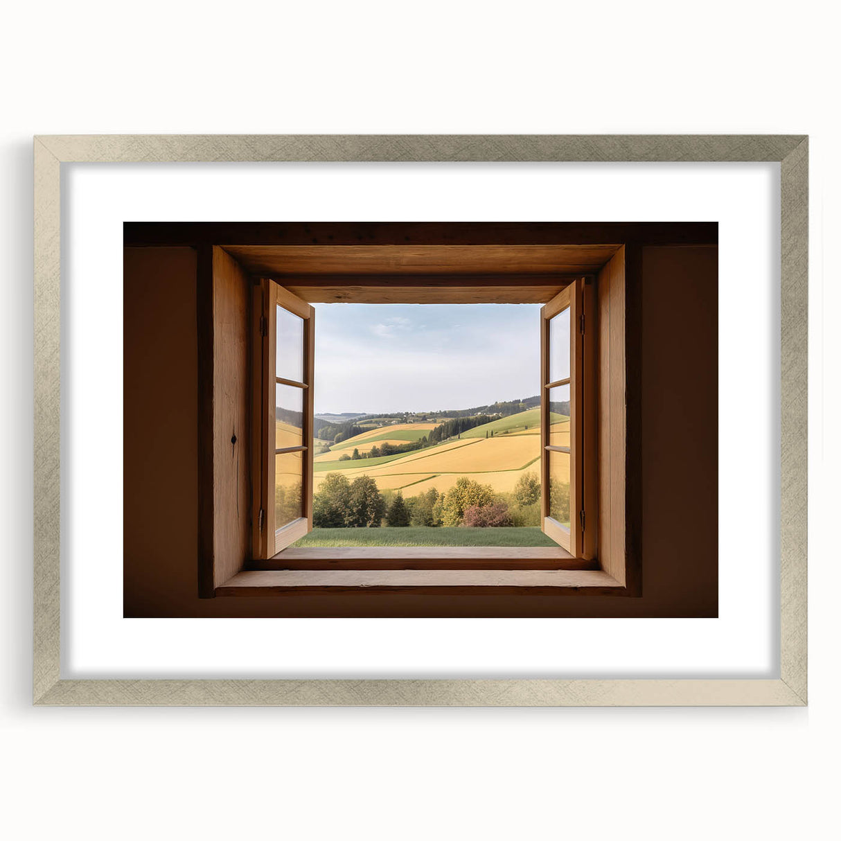 Abstract art print featuring geometric patterns in muted gray and blue tones on a framed poster.