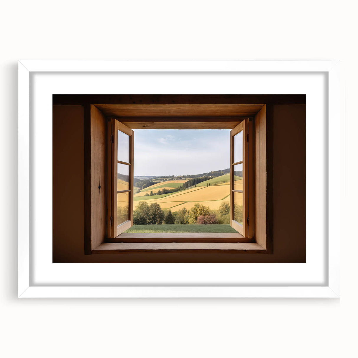 Extra large abstract art print featuring textured window design in muted gray, framed in white, ideal for living room decor.
