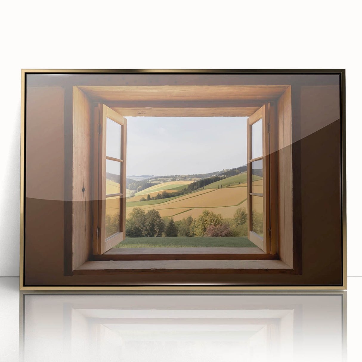 Mid-century modernist art featuring geometric patterns and gold, black, and white tones on a framed acrylic.