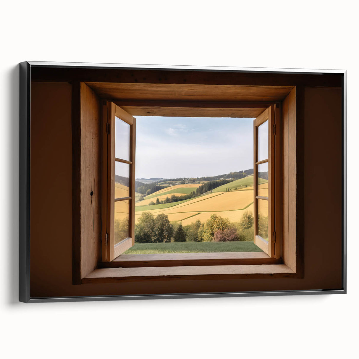 Black and white framed canvas featuring a vintage window design in landscape orientation, ideal for bedroom wall art.