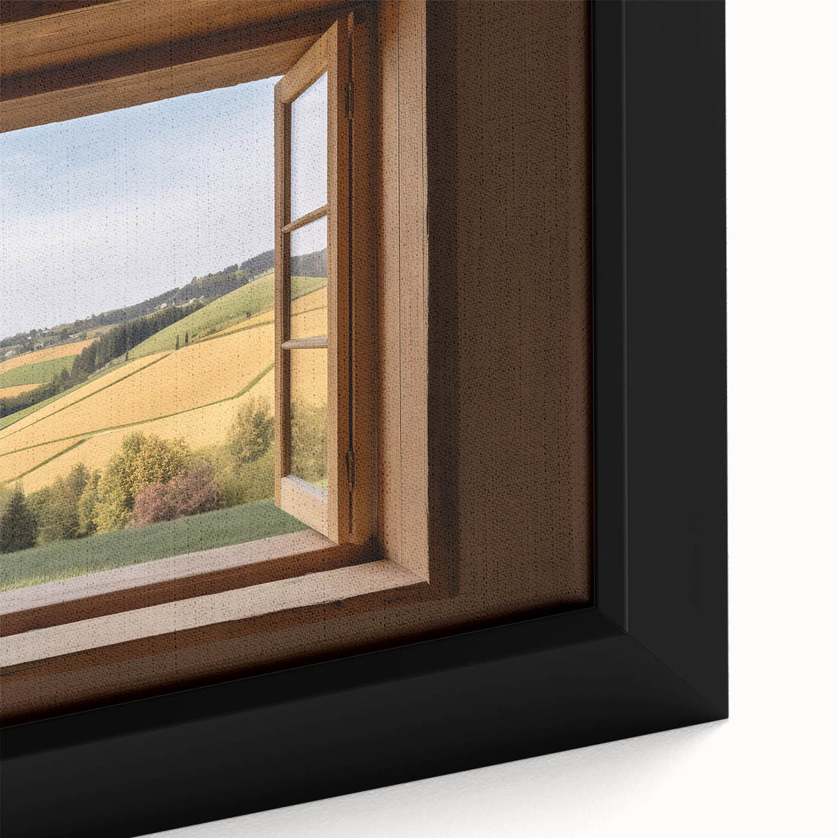 Black wall art featuring a close-up of colorful, textured architectural window designs on a framed canvas.