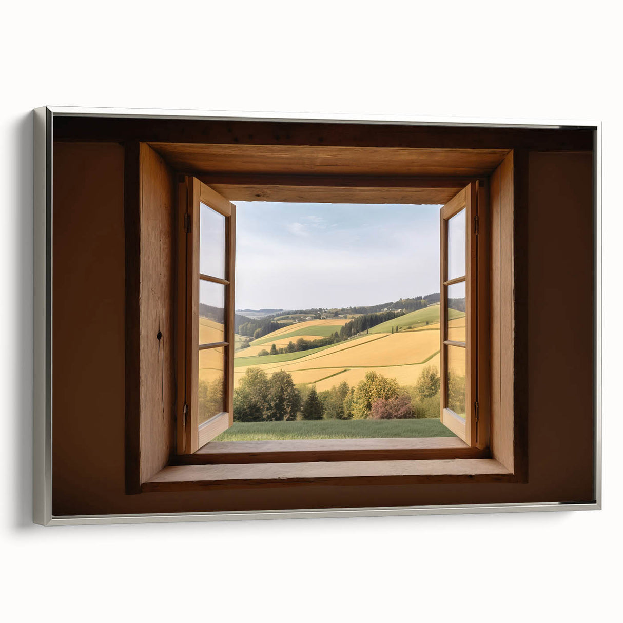 Vintage poster art of an architectural window design in a silver frame, ideal for living room decor.