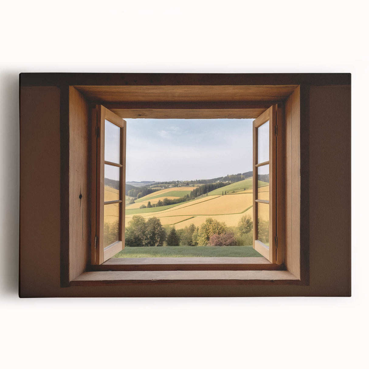 Black and white photo of large window architecture on stretched canvas, suitable for kitchen wall art.