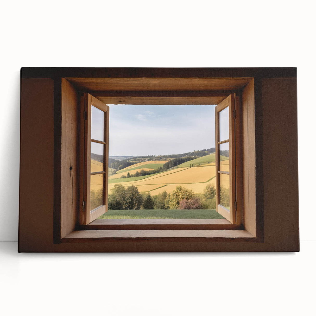 Large black and white photo of architectural windows on stretched canvas.