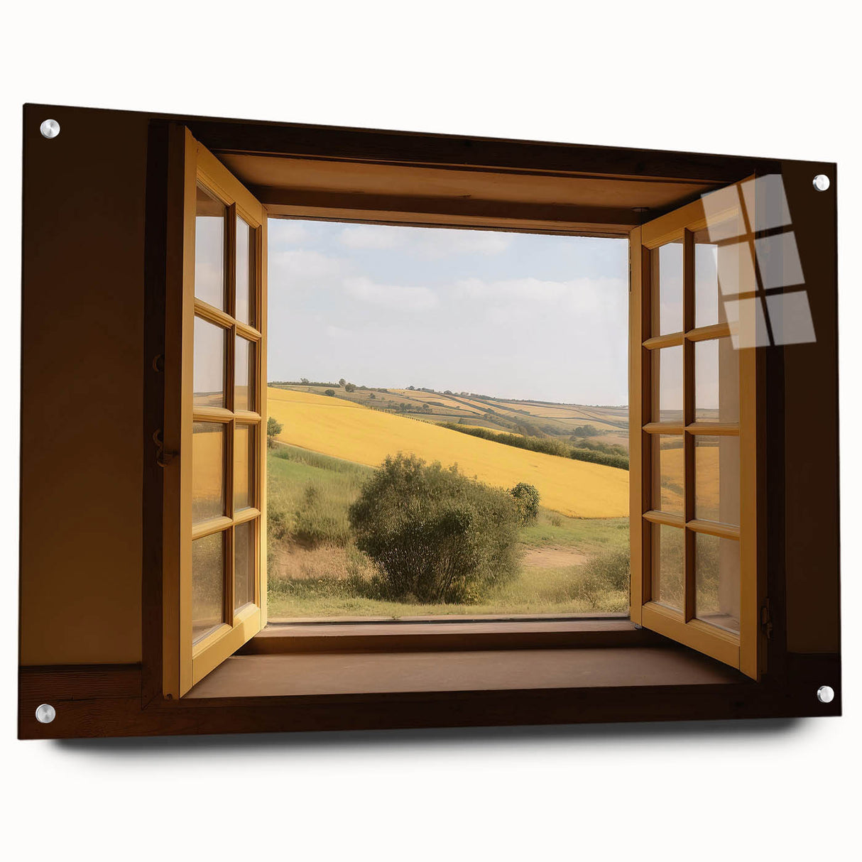 Acrylic print of a large abstract window design in cool blue and gray tones, suitable for bedroom or dining room decor.