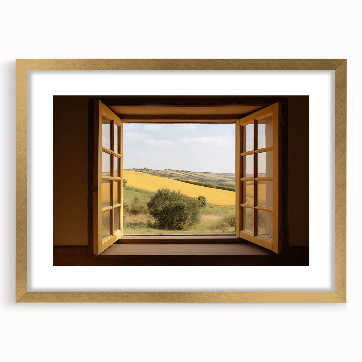Abstract textured art print in muted gold and cream tones, framed with a golden mat, suitable for bedroom decor.
