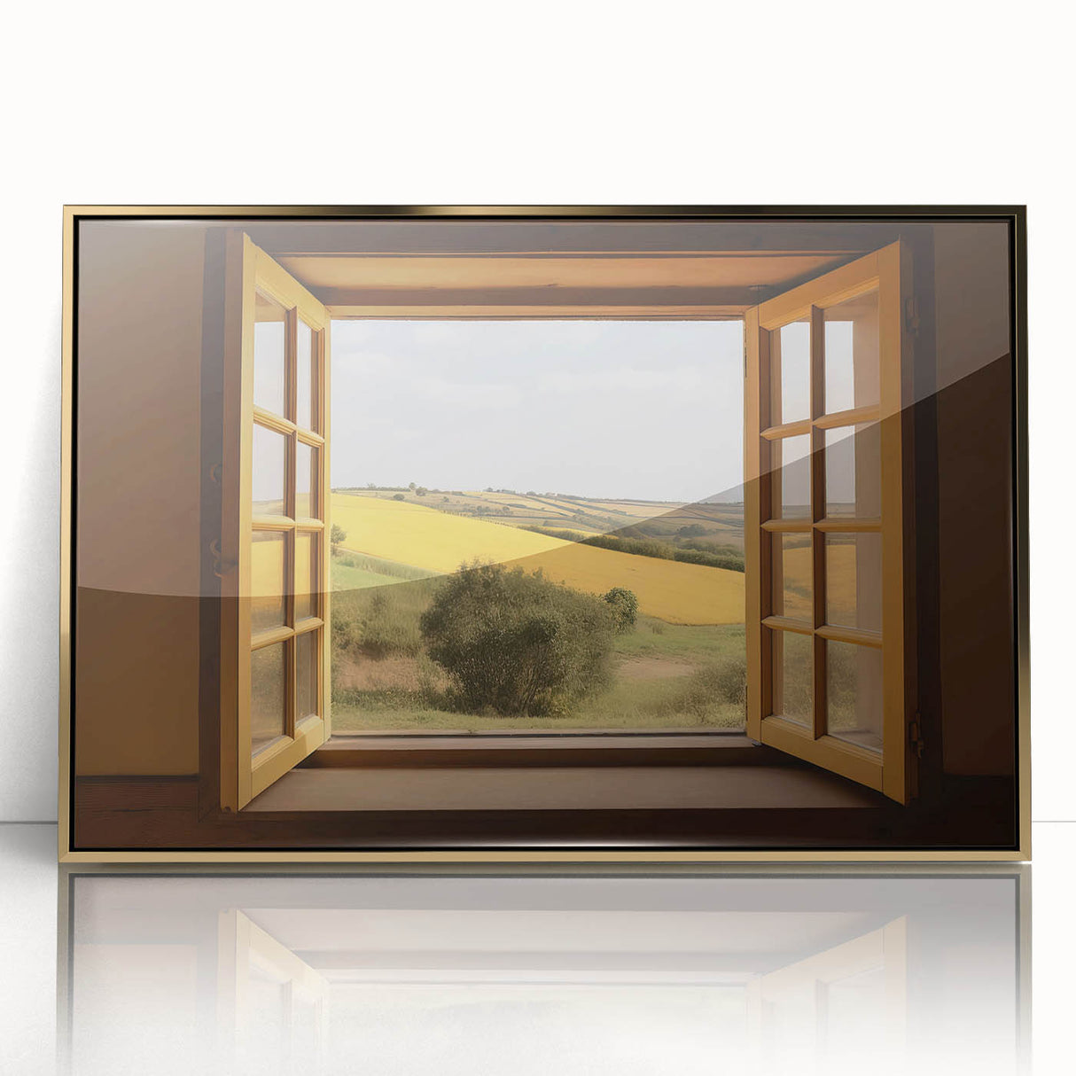 Mid-century modernist art of geometric patterns in gold and black on acrylic, ideal for modern art wall decor.