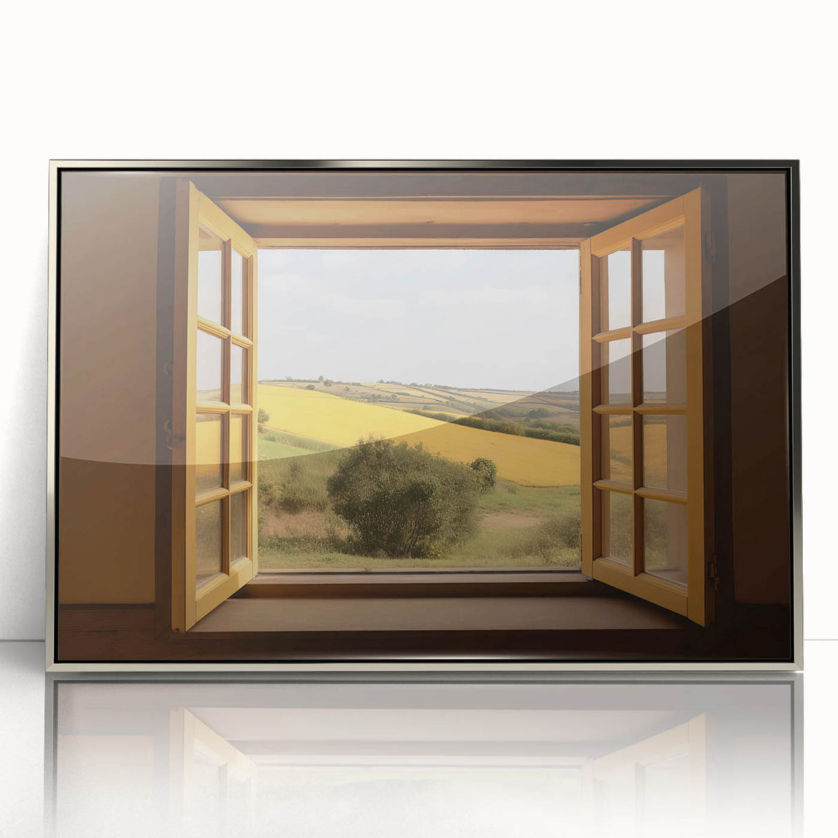Art Deco poster featuring symmetrical architecture and windows in muted silver tones, ideal for modern nursery wall art.