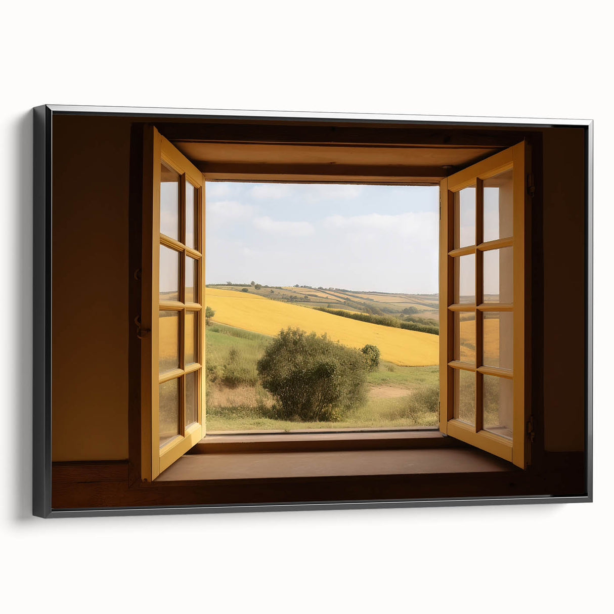 Black and white framed canvas featuring a vintage poster art style landscape, ideal for bedroom wall decor.