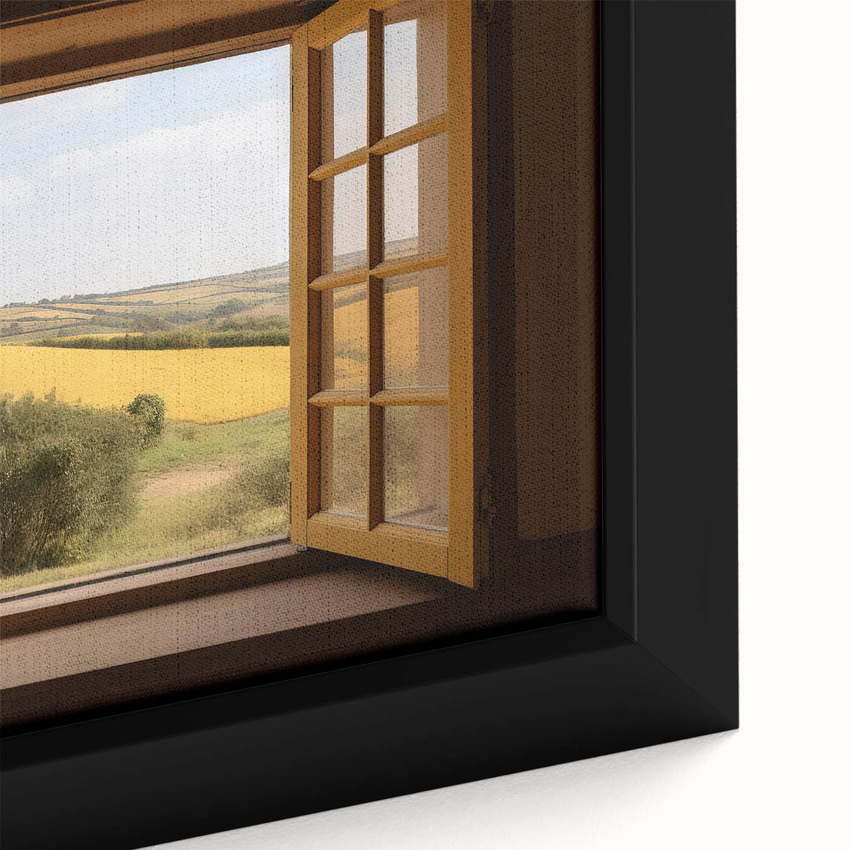 Close-up of black wall art featuring a colorful, textured window design on a framed canvas.