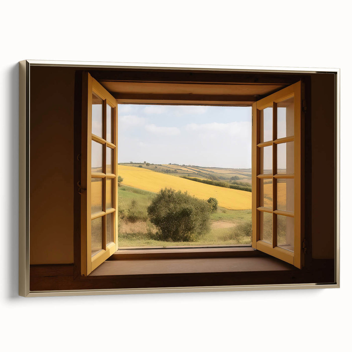Framed canvas featuring a vintage poster of a colorful landscape with dominant black and gold tones, ideal for office decor.