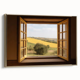 Framed canvas featuring a vintage poster of a colorful landscape with dominant black and gold tones, ideal for office decor.