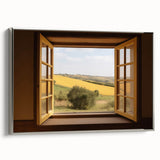 Vintage poster art of an architectural window design in black and colorful tones on a framed canvas.