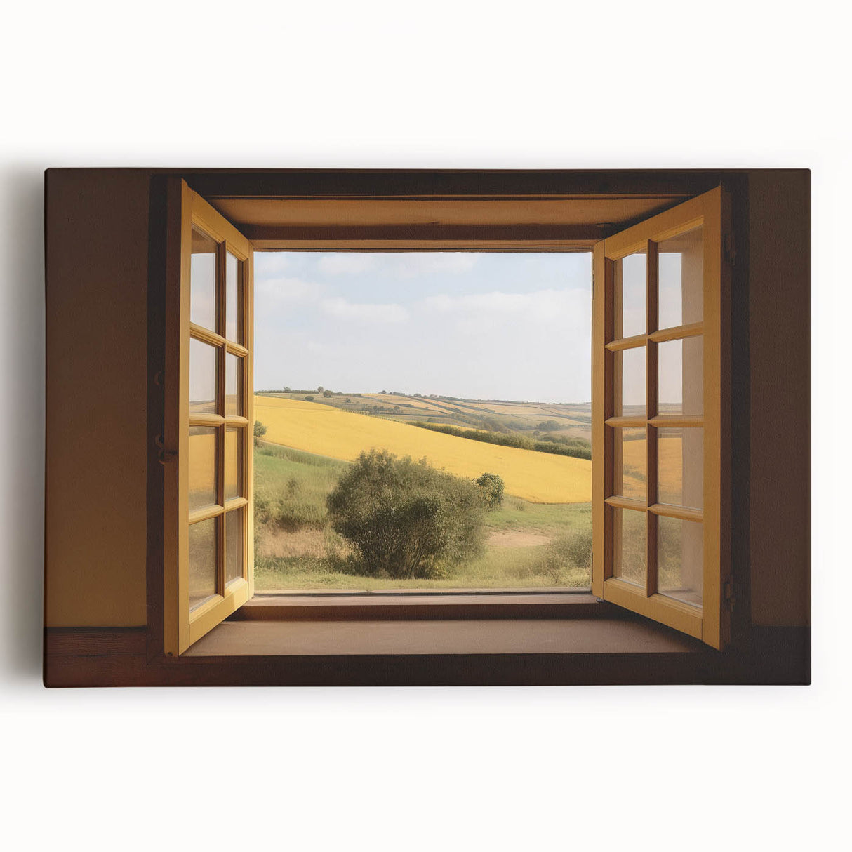 Black and white photo of a large window design on stretched canvas, ideal for kitchen wall art.