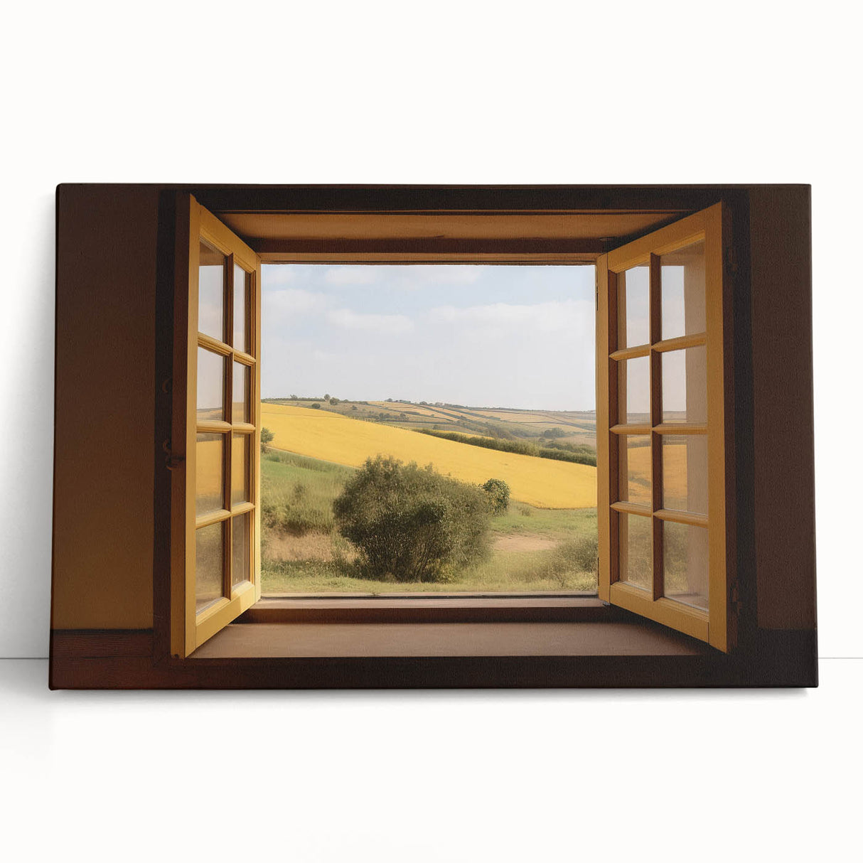 Black and white photograph of architectural windows on stretched canvas.