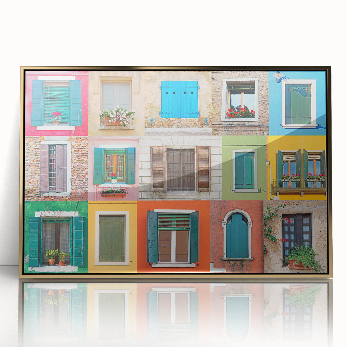Mid-century modernist art depicting a geometric window design in gold tones on acrylic, ideal for nursery wall decor.