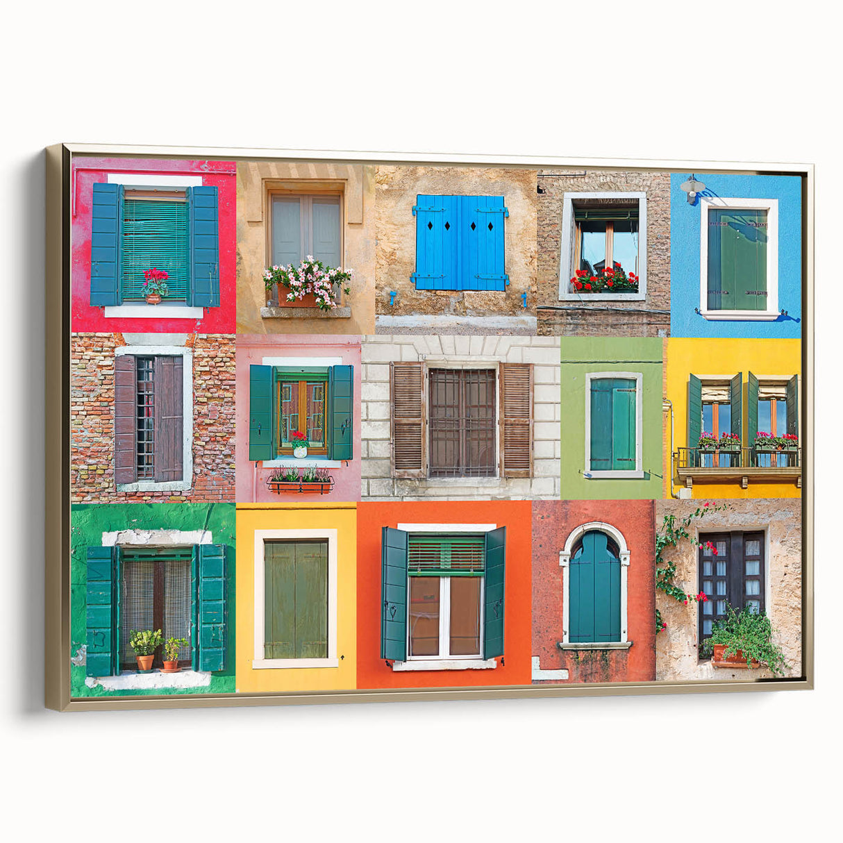 Framed canvas featuring a vintage poster of a colorful landscape with black architectural elements, ideal for office decor.