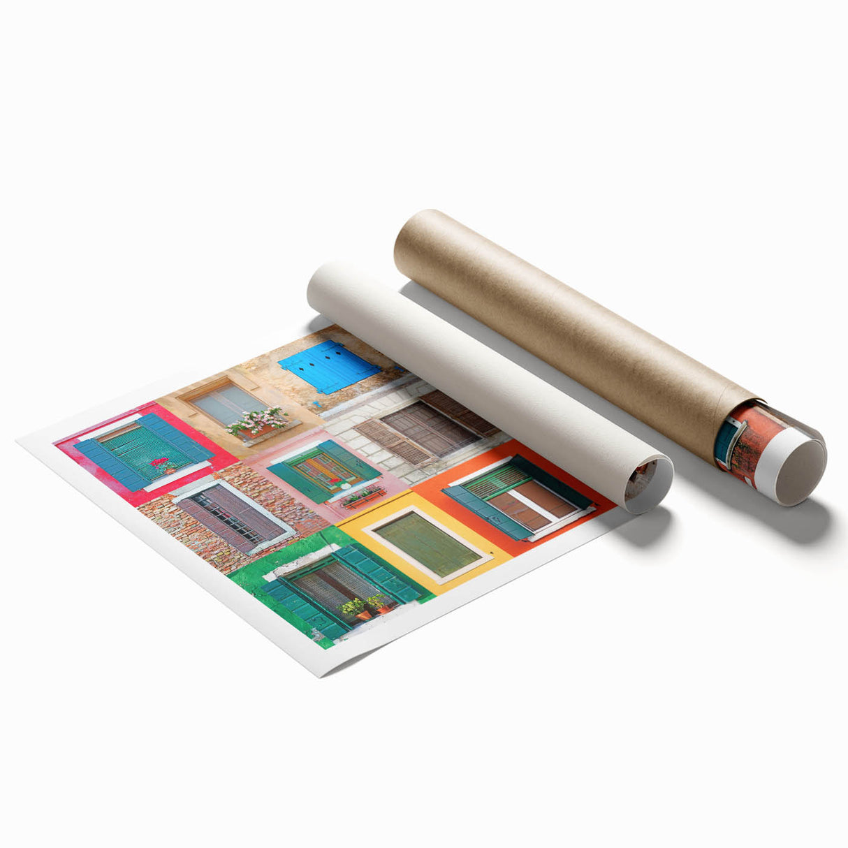 Extra large rolled print featuring a floral design on an architectural window, in muted earth tones.
