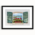 Extra large abstract art print depicting colorful, textured windows, framed in black, suitable for living room decor.