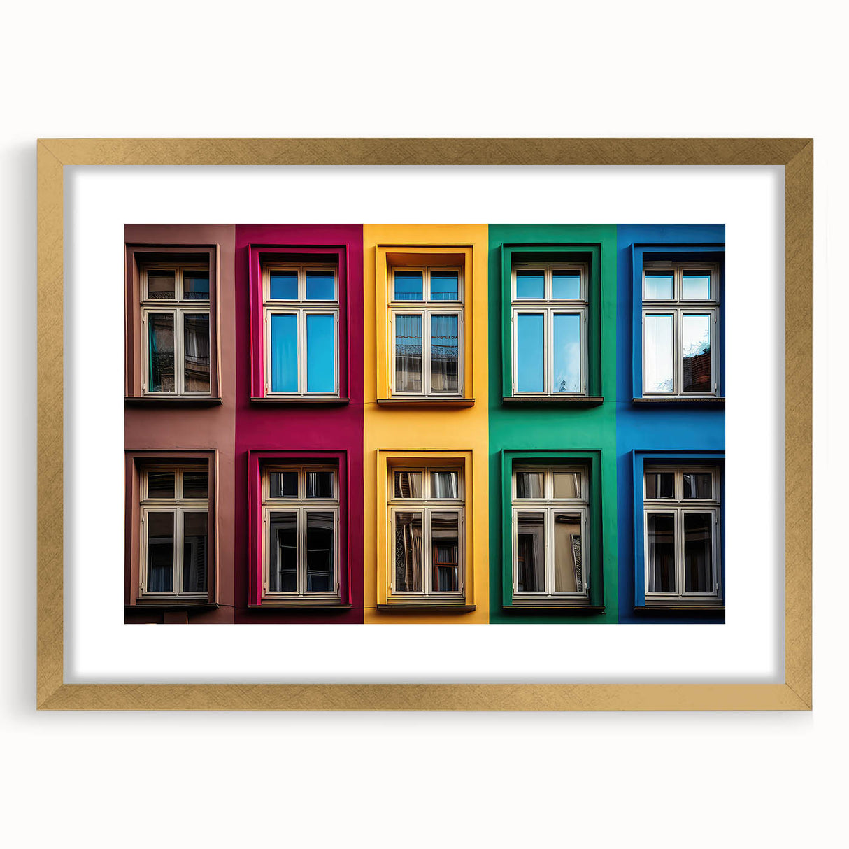 Textured abstract art print featuring a window design in gold frame, ideal for bedroom wall decor.