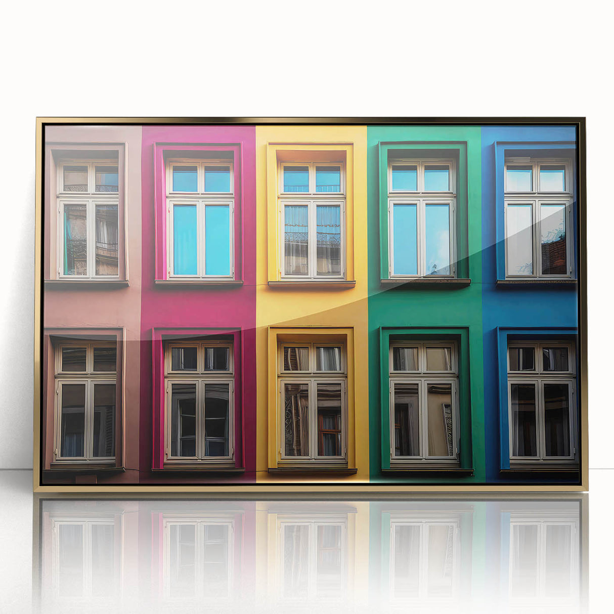 Mid-century modernist art of architectural windows in gold tones on an acrylic print, suitable for nursery wall decor.