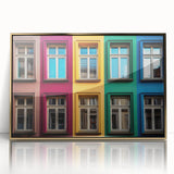 Mid-century modernist art of architectural windows in gold tones on an acrylic print, suitable for nursery wall decor.