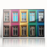 Large art print of a mid-century modernist style geometric window design in black and white, framed in acrylic.