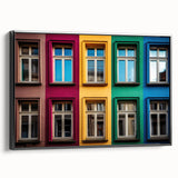 Black and white framed canvas featuring a vintage-style landscape with architectural windows, ideal for bedroom decor.