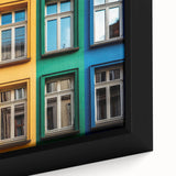 Extra large framed canvas featuring a close-up of a black architectural window design with colorful, textured art elements.