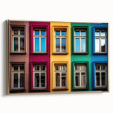 Framed canvas showing a vintage-style landscape painting with a black and colorful abstract design.