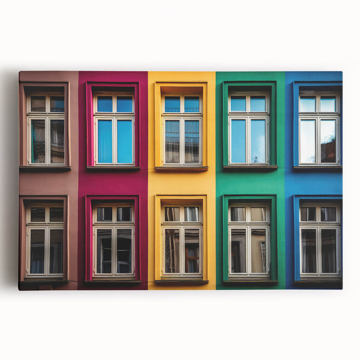Large black and white photo of an architectural window design on stretched canvas, ideal for kitchen wall art.