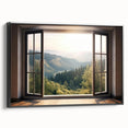 Black and white framed canvas featuring a vintage poster-style landscape through an architectural window.