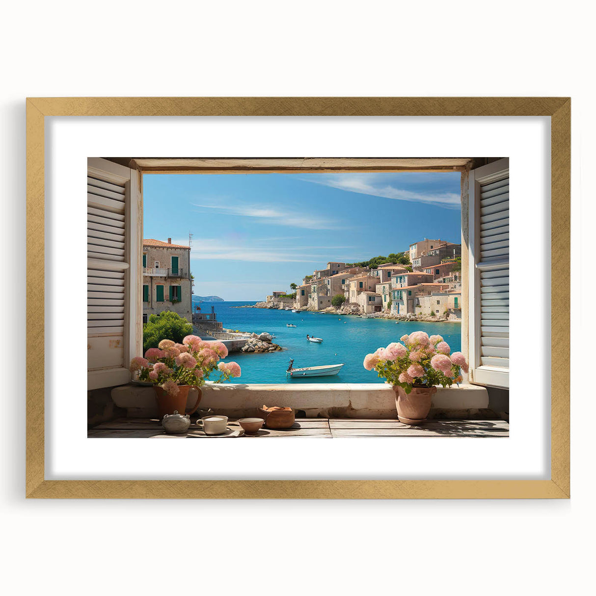 Textured abstract art print featuring geometric shapes in gold and white, framed with a mat, ideal for bedroom decor.